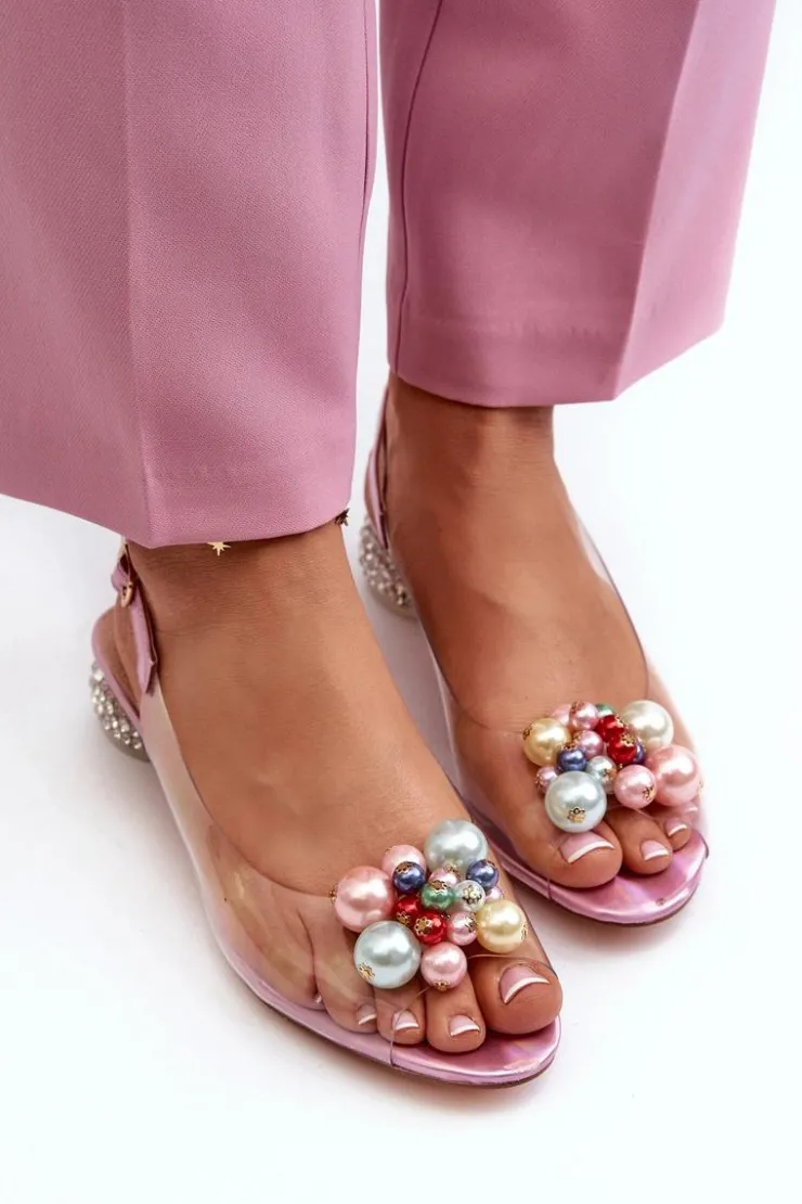 Damskie buty S.Barski Sandały Na Obcasie*Transparentne Sandały Na Niskim Obcasie Z Ozdobą Różowe D&A MR38-368