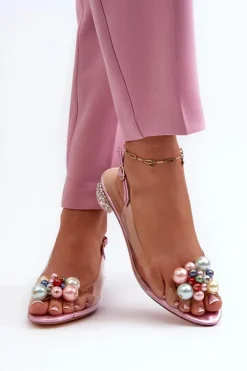 Damskie buty S.Barski Sandały Na Obcasie*Transparentne Sandały Na Niskim Obcasie Z Ozdobą Różowe D&A MR38-368