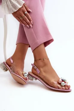 Damskie buty S.Barski Sandały Na Obcasie*Transparentne Sandały Na Niskim Obcasie Z Ozdobą Różowe D&A MR38-368