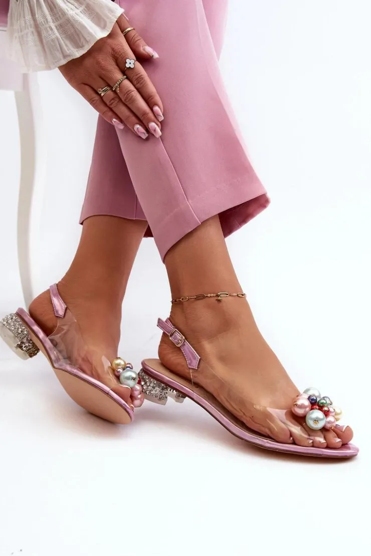 Damskie buty S.Barski Sandały Na Obcasie*Transparentne Sandały Na Niskim Obcasie Z Ozdobą Różowe D&A MR38-368