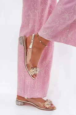 Damskie buty S.Barski Sandały Na Obcasie*Transparentne Sandały Na Niskim Obcasie Ze Zdobieniem D&A MR51-709 Złote