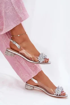 Damskie Damskie buty S.Barski Transparentne Sandały Na Niskim Obcasie Ze Zdobieniem D&A MR51-709 Srebrne