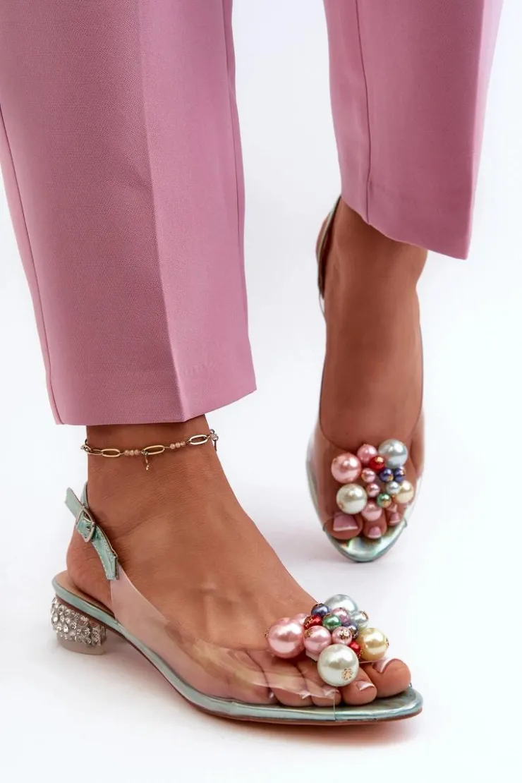 Damskie buty S.Barski Sandały Na Obcasie*Transparentne Sandały Na Niskim Obcasie Z Ozdobą Zielone D&A MR38-368