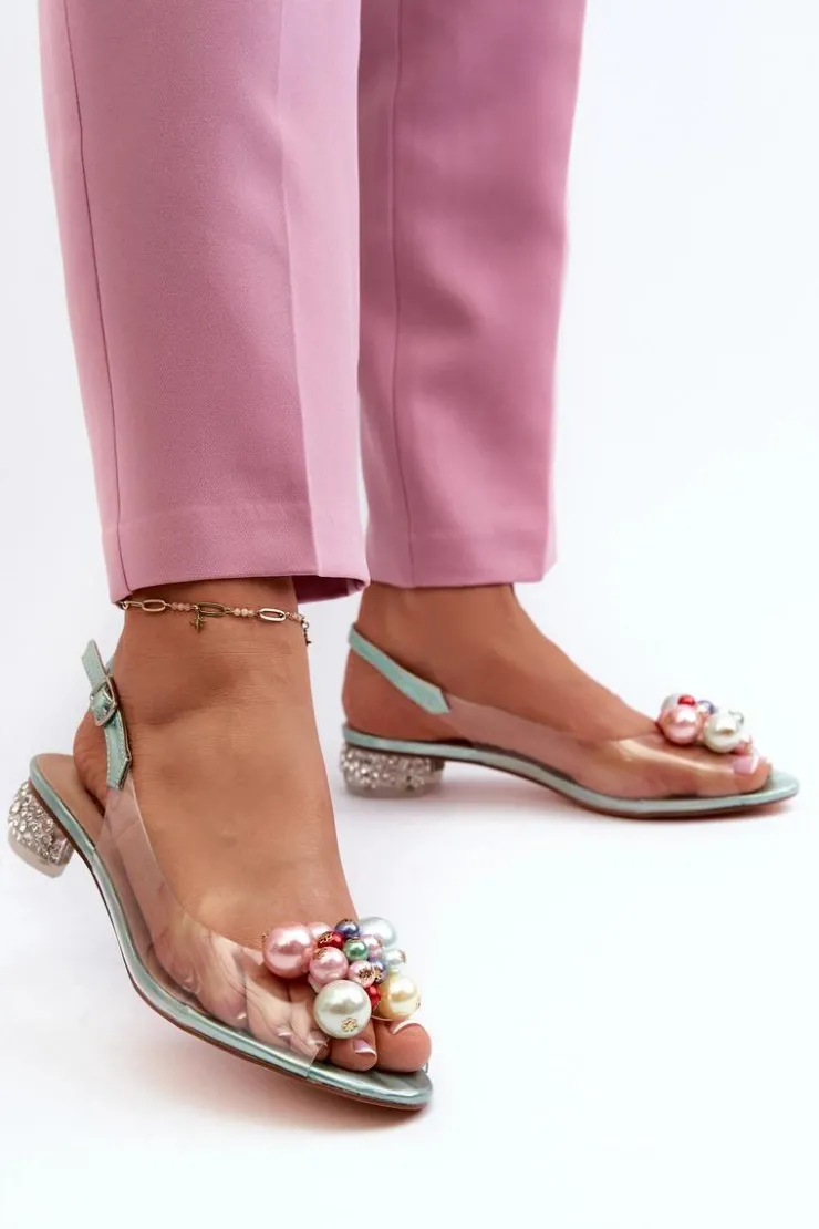 Damskie buty S.Barski Sandały Na Obcasie*Transparentne Sandały Na Niskim Obcasie Z Ozdobą Zielone D&A MR38-368