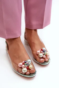 Damskie buty S.Barski Sandały Na Obcasie*Transparentne Sandały Na Niskim Obcasie Z Ozdobą Zielone D&A MR38-368