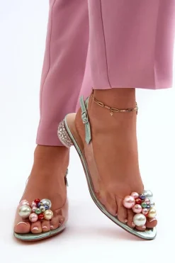 Damskie buty S.Barski Sandały Na Obcasie*Transparentne Sandały Na Niskim Obcasie Z Ozdobą Zielone D&A MR38-368