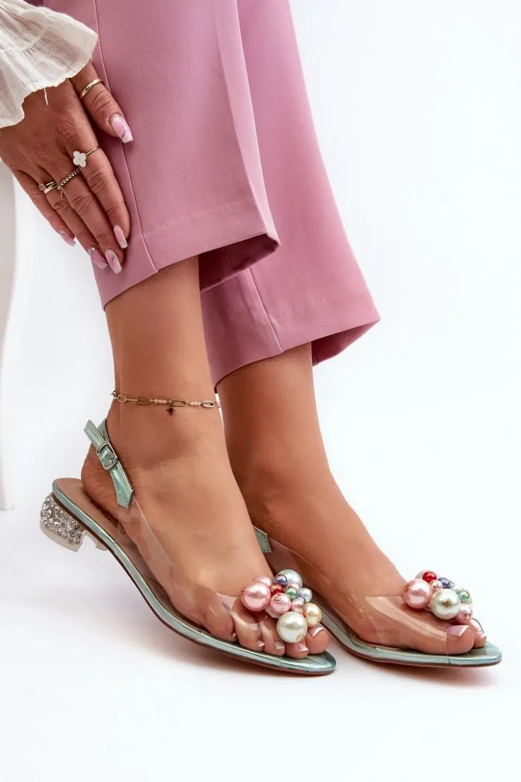 Damskie buty S.Barski Sandały Na Obcasie*Transparentne Sandały Na Niskim Obcasie Z Ozdobą Zielone D&A MR38-368