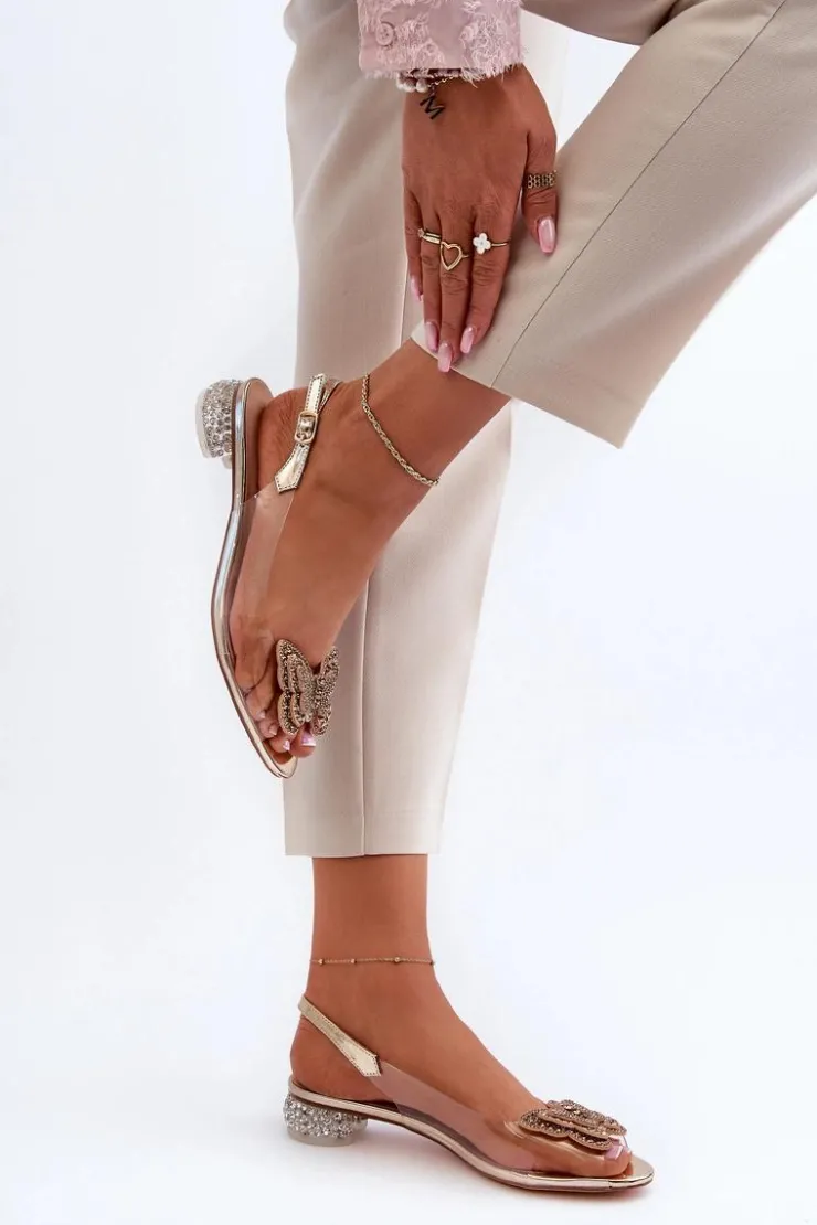 Damskie buty S.Barski Sandały Na Obcasie*Transparentne Sandały Na Niskim Obcasie Z Motylem Różowe Złoto D&A MR38-388