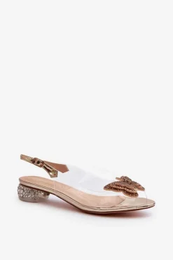 Damskie buty S.Barski Sandały Na Obcasie*Transparentne Sandały Na Niskim Obcasie Z Motylem Różowe Złoto D&A MR38-388