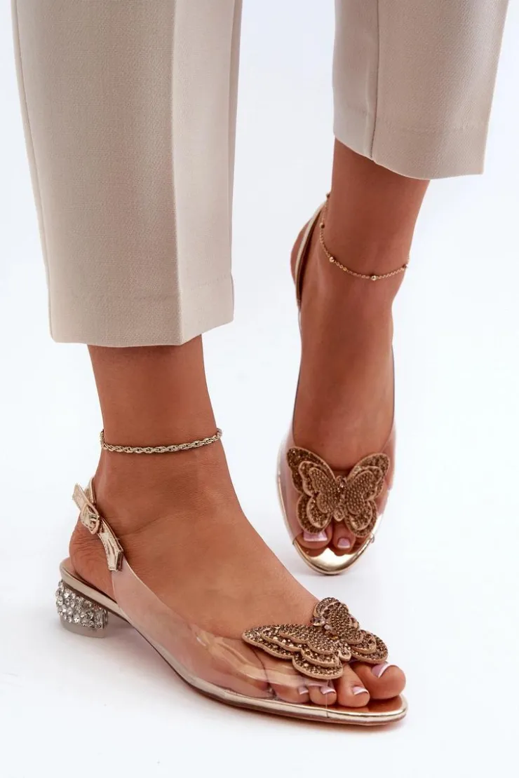 Damskie buty S.Barski Sandały Na Obcasie*Transparentne Sandały Na Niskim Obcasie Z Motylem Różowe Złoto D&A MR38-388