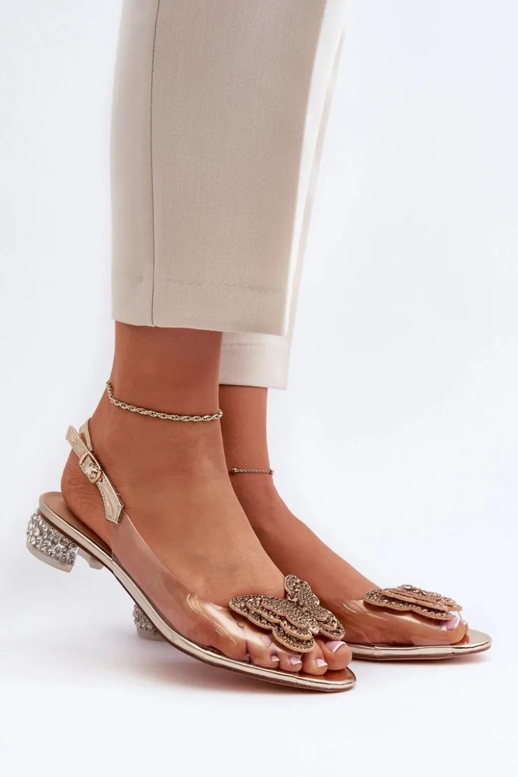 Damskie buty S.Barski Sandały Na Obcasie*Transparentne Sandały Na Niskim Obcasie Z Motylem Różowe Złoto D&A MR38-388