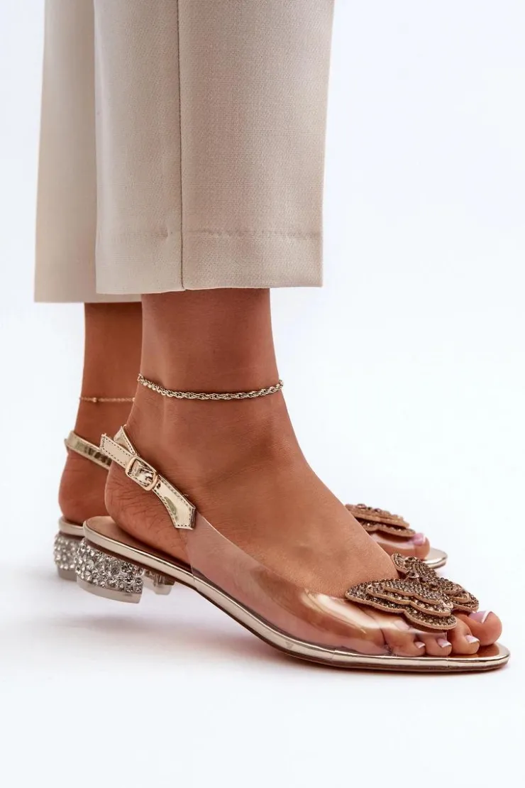 Damskie buty S.Barski Sandały Na Obcasie*Transparentne Sandały Na Niskim Obcasie Z Motylem Różowe Złoto D&A MR38-388