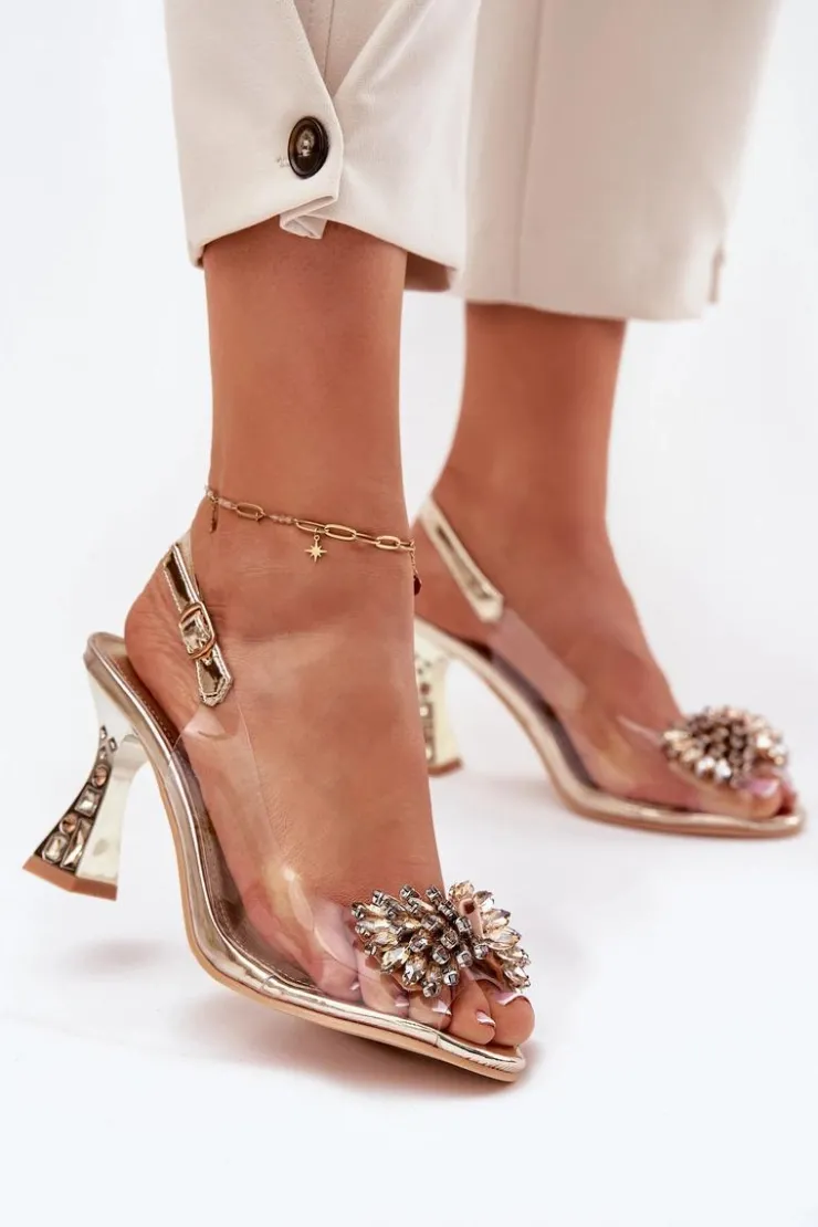 Damskie Buty damskie Vinceza Transparentne Sandały Na Obcasie Z Kryształkami Vinceza 70116 Złote