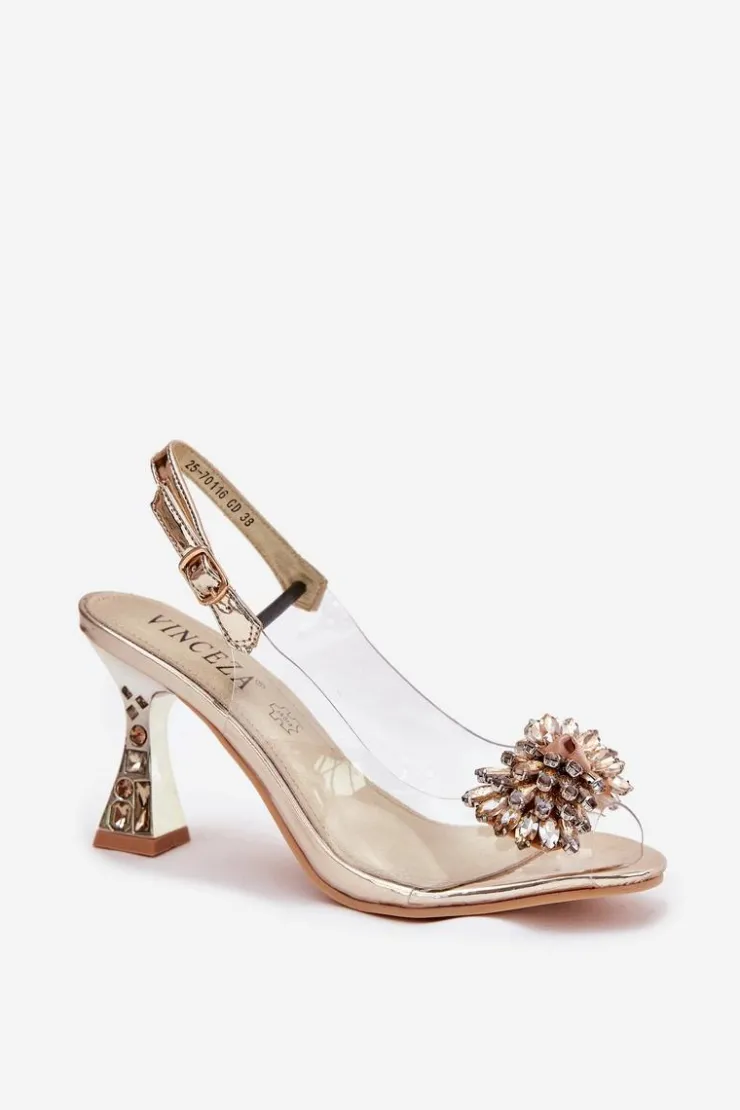 Damskie Buty damskie Vinceza Transparentne Sandały Na Obcasie Z Kryształkami Vinceza 70116 Złote