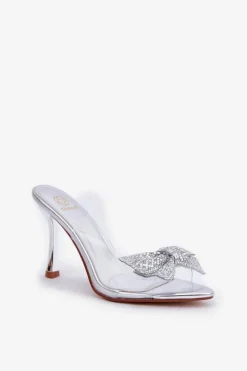 Damskie Boto Transparentne Sandały Na Szpilce Z Błyszczącą Kokardą Srebrne Viosta