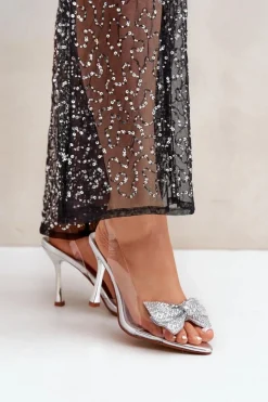 Damskie Boto Transparentne Sandały Na Szpilce Z Błyszczącą Kokardą Srebrne Viosta