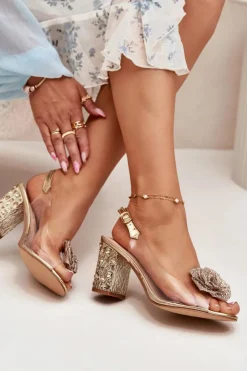 Discount Damskie buty S.Barski Transparentne Sandały Na Słupku Z Kryształkami I Ozdobą D&A MR51-702 Złote