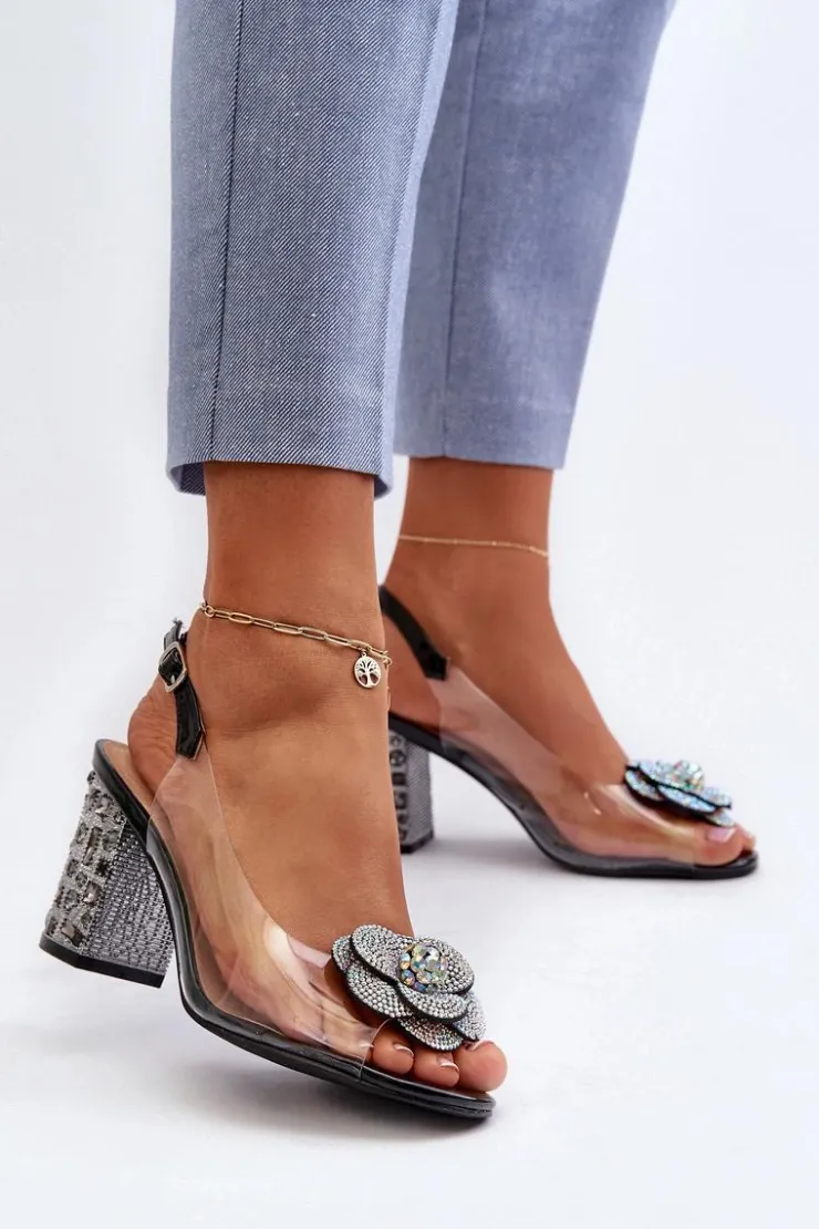 Damskie buty S.Barski Transparentne Sandały Na Słupku Z Ozdobami S.Barski MR38-356 Czarne