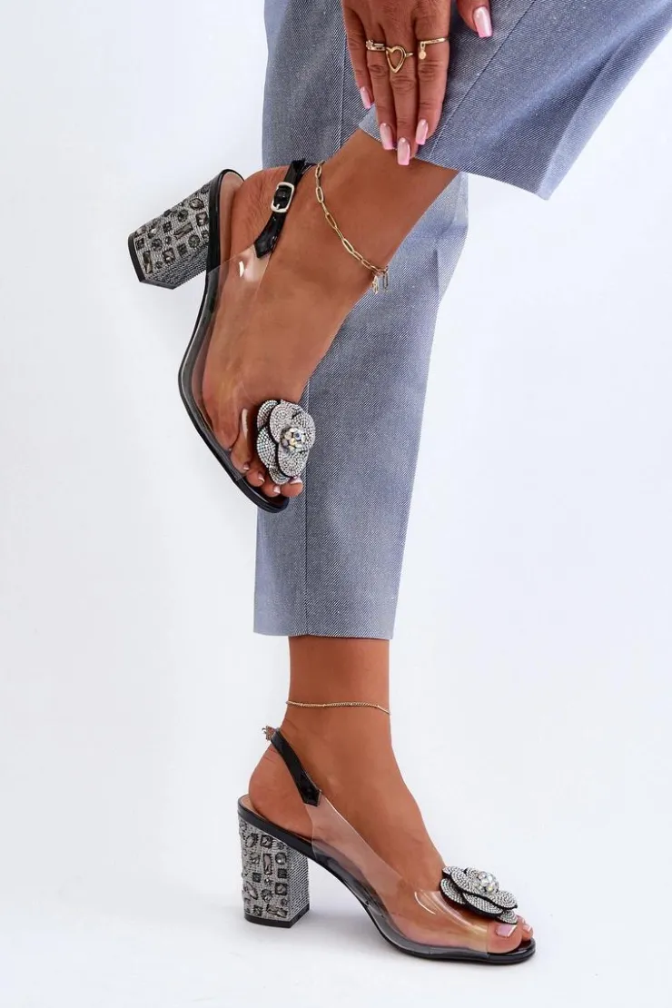Damskie buty S.Barski Transparentne Sandały Na Słupku Z Ozdobami S.Barski MR38-356 Czarne