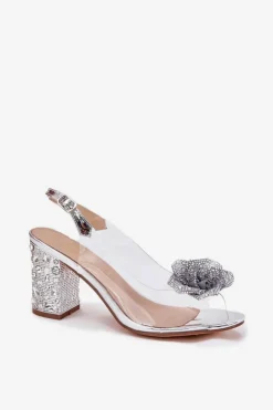 Discount Damskie buty S.Barski Transparentne Sandały Na Słupku Z Kryształkami I Ozdobą D&A MR51-702 Srebrne Srebrny