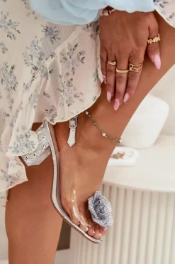 Discount Damskie buty S.Barski Transparentne Sandały Na Słupku Z Kryształkami I Ozdobą D&A MR51-702 Srebrne Srebrny