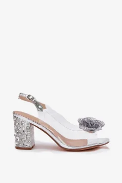 Discount Damskie buty S.Barski Transparentne Sandały Na Słupku Z Kryształkami I Ozdobą D&A MR51-702 Srebrne Srebrny