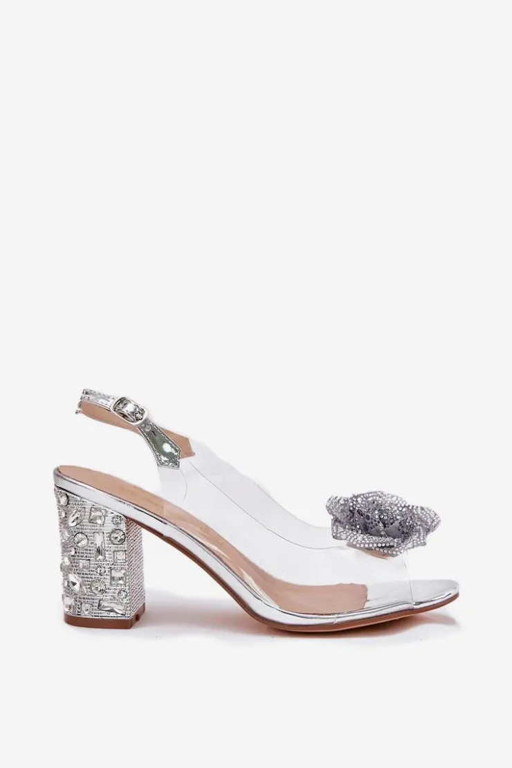 Discount Damskie buty S.Barski Transparentne Sandały Na Słupku Z Kryształkami I Ozdobą D&A MR51-702 Srebrne Srebrny
