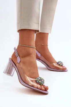 Damskie buty S.Barski Transparentne Sandały Na Słupku z Ozdobą Fioletowe D&A MR38-454 Fioletowy