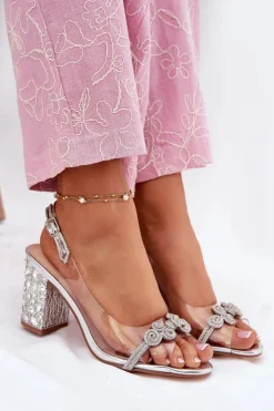 Discount Damskie buty S.Barski Transparentne Sandały Na Słupku D&A MR51-705 Srebrne Srebrny