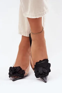 Boto Sandały Na Obcasie*Transparentne Sandały Na Szpilce Z Ozdobnym Kwiatem Czarne Risalie Czarny