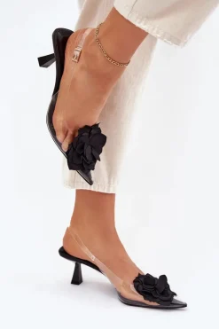 Boto Sandały Na Obcasie*Transparentne Sandały Na Szpilce Z Ozdobnym Kwiatem Czarne Risalie Czarny