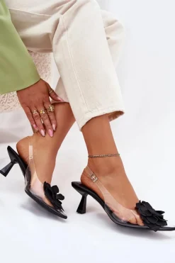 Boto Sandały Na Obcasie*Transparentne Sandały Na Szpilce Z Ozdobnym Kwiatem Czarne Risalie Czarny