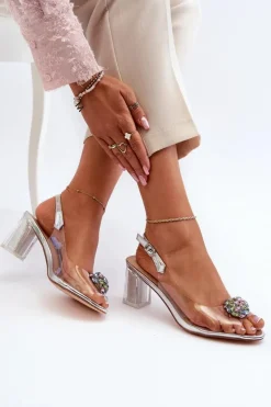 Damskie Damskie buty S.Barski Transparentne Sandały Na Słupku z Ozdobą Srebrne D&A MR38-454