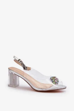 Damskie Damskie buty S.Barski Transparentne Sandały Na Słupku z Ozdobą Srebrne D&A MR38-454