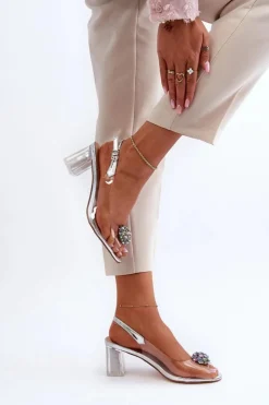 Damskie Damskie buty S.Barski Transparentne Sandały Na Słupku z Ozdobą Srebrne D&A MR38-454
