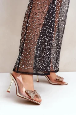 Damskie Boto Transparentne Sandały Na Szpilce Z Błyszczącą Kokardą Złote Viosta