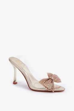 Damskie Boto Transparentne Sandały Na Szpilce Z Błyszczącą Kokardą Złote Viosta