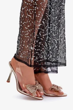 Damskie Boto Transparentne Sandały Na Szpilce Z Błyszczącą Kokardą Złote Viosta