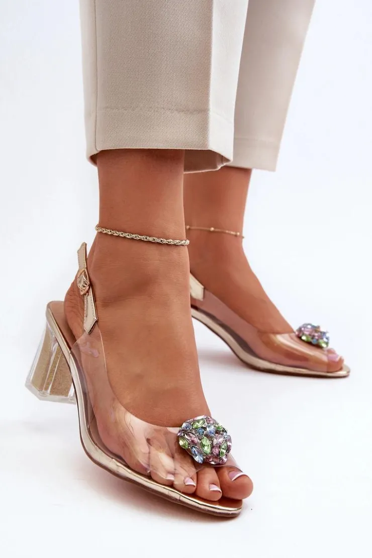 Damskie Damskie buty S.Barski Transparentne Sandały Na Słupku z Ozdobą Złote D&A MR38-454