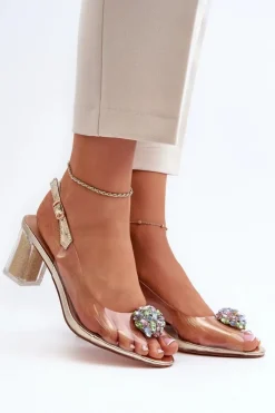 Damskie Damskie buty S.Barski Transparentne Sandały Na Słupku z Ozdobą Złote D&A MR38-454