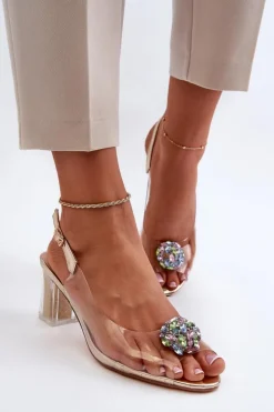 Damskie Damskie buty S.Barski Transparentne Sandały Na Słupku z Ozdobą Złote D&A MR38-454