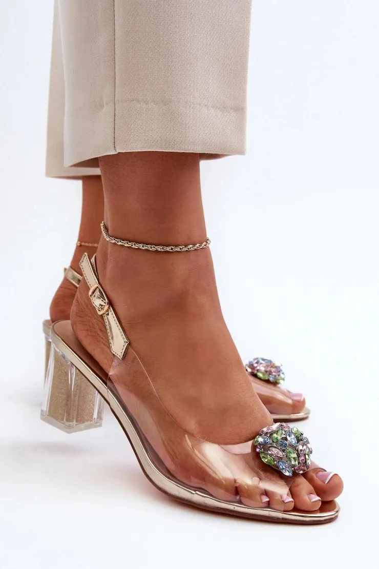 Damskie Damskie buty S.Barski Transparentne Sandały Na Słupku z Ozdobą Złote D&A MR38-454