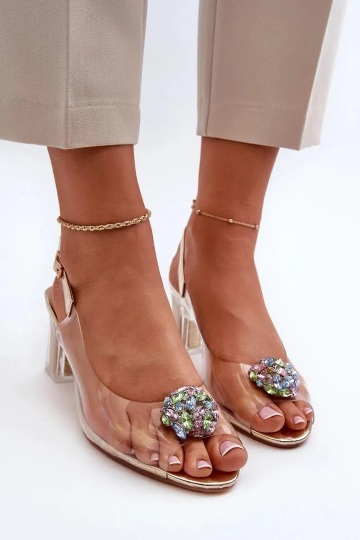 Damskie Damskie buty S.Barski Transparentne Sandały Na Słupku z Ozdobą Złote D&A MR38-454