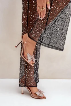 Damskie Boto Transparentne Sandały Na Szpilce Z Błyszczącą Kokardą Różowe Złoto Viosta