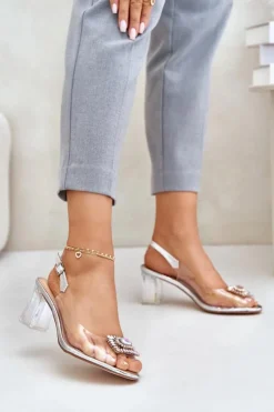 Best Damskie buty S.Barski Transparentne Sandały Z Broszką Na Słupku D&A MR42-031 Srebrne