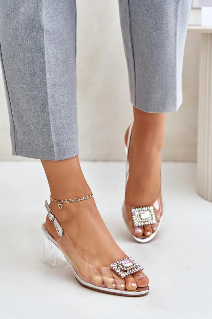 Best Damskie buty S.Barski Transparentne Sandały Z Broszką Na Słupku D&A MR42-031 Srebrne