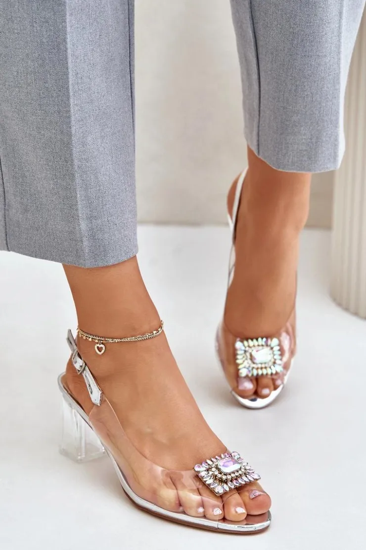 Best Damskie buty S.Barski Transparentne Sandały Z Broszką Na Słupku D&A MR42-031 Srebrne
