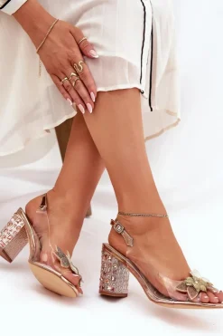 Hot Damskie buty S.Barski Transparentne Sandały Z Kwiatkami Na Zdobionym Obcasie D&A MR38-331 Różowe Złoto