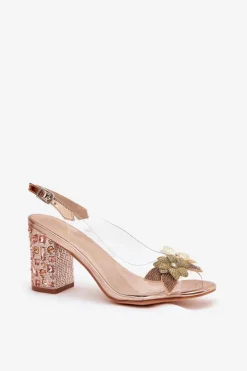 Hot Damskie buty S.Barski Transparentne Sandały Z Kwiatkami Na Zdobionym Obcasie D&A MR38-331 Różowe Złoto