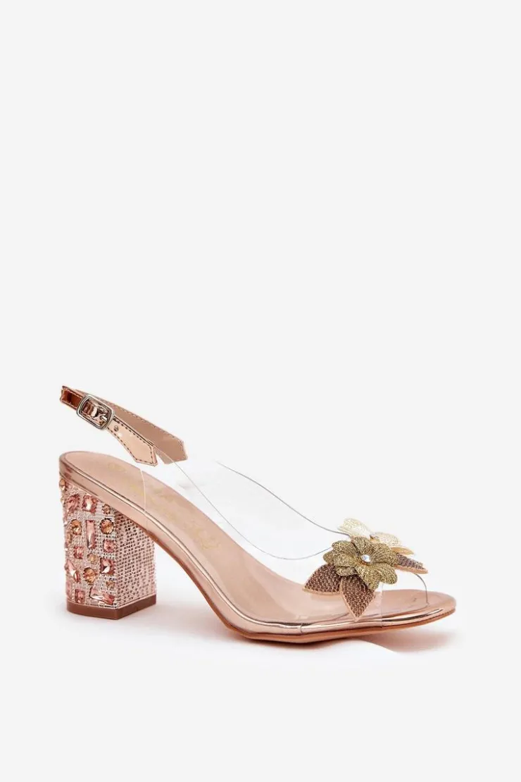 Hot Damskie buty S.Barski Transparentne Sandały Z Kwiatkami Na Zdobionym Obcasie D&A MR38-331 Różowe Złoto
